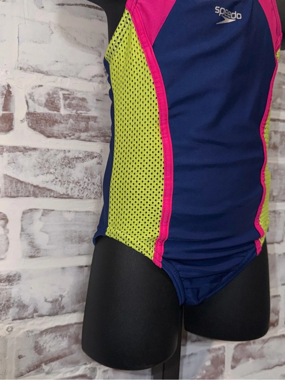 Speedo Girls Navy Blue, Hot Pink & Neon Yellow One-Piece Swimsuit XS 5/6
